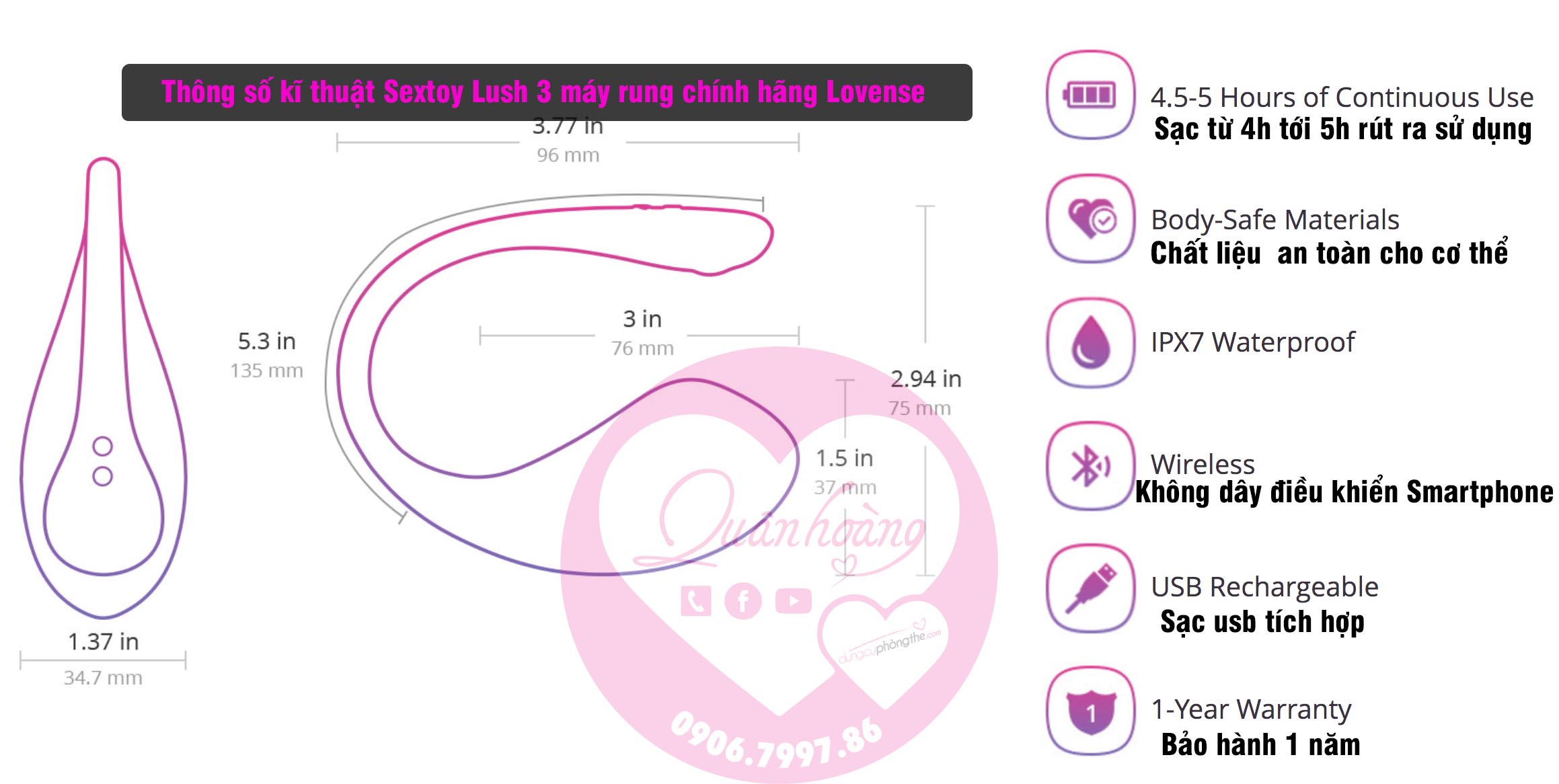 Thông số kĩ thuật Sextoy Lush 3 máy rung chính hãng Lovense